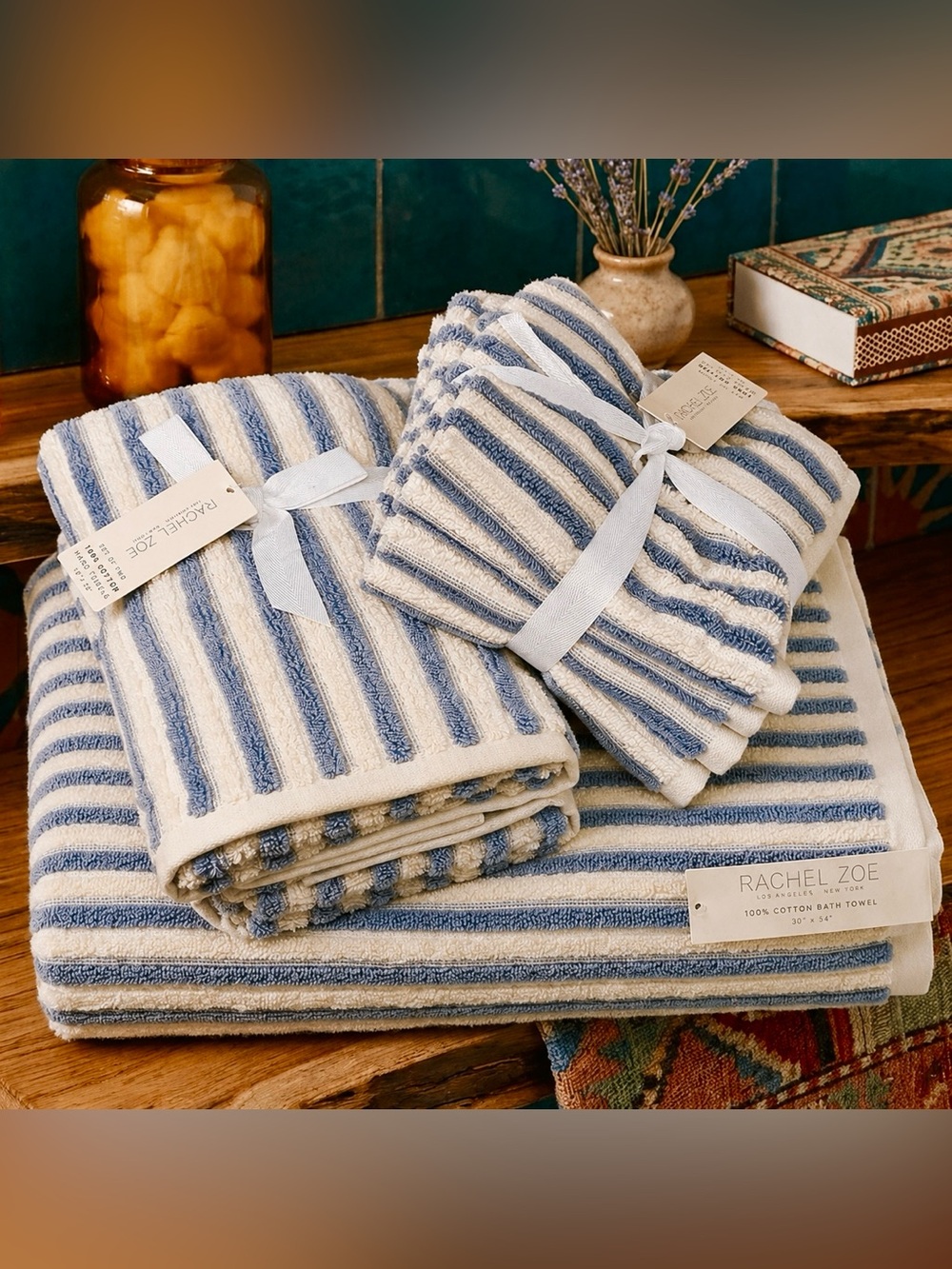Rachel Zoe Slate Blue & Ivory Stripe 8-Piece Towel Set 100% Cotton NWT